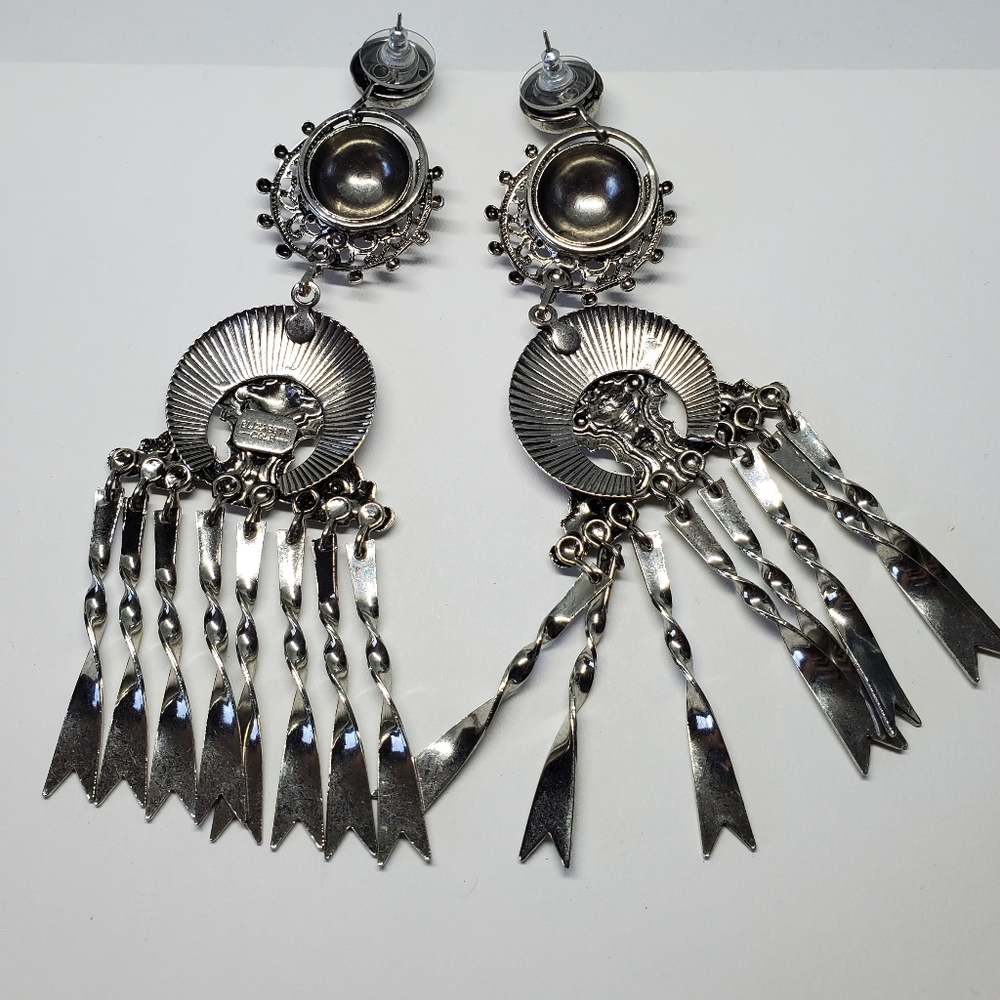 Elizabeth Cole Huge Silver Tone Ornate Statement Dangle Earrings - Picture 4 of 6